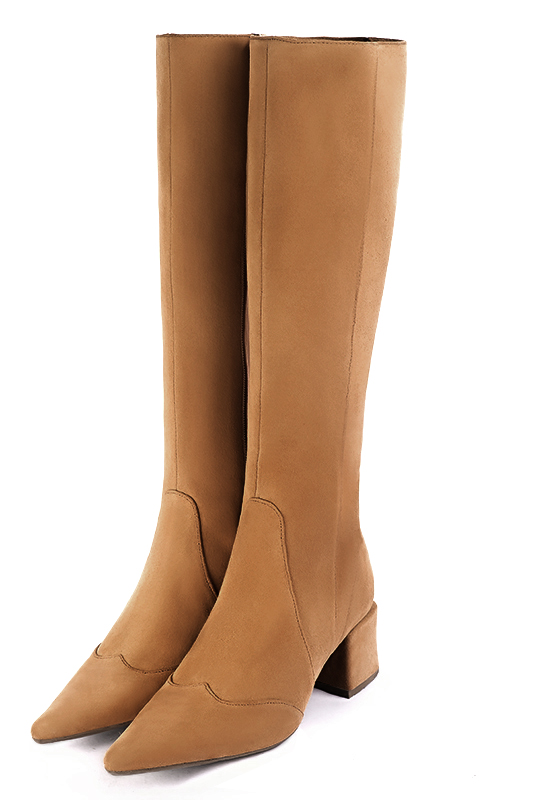 Camel beige women's feminine knee-high boots. Pointed toe. Medium block heels. Made to measure. Front view - Florence KOOIJMAN